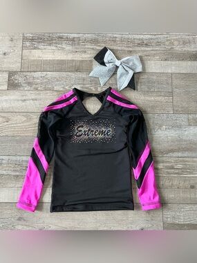 GK Girls Long Sleeve Cheer Top Size CL and Large Bow Pony Tail